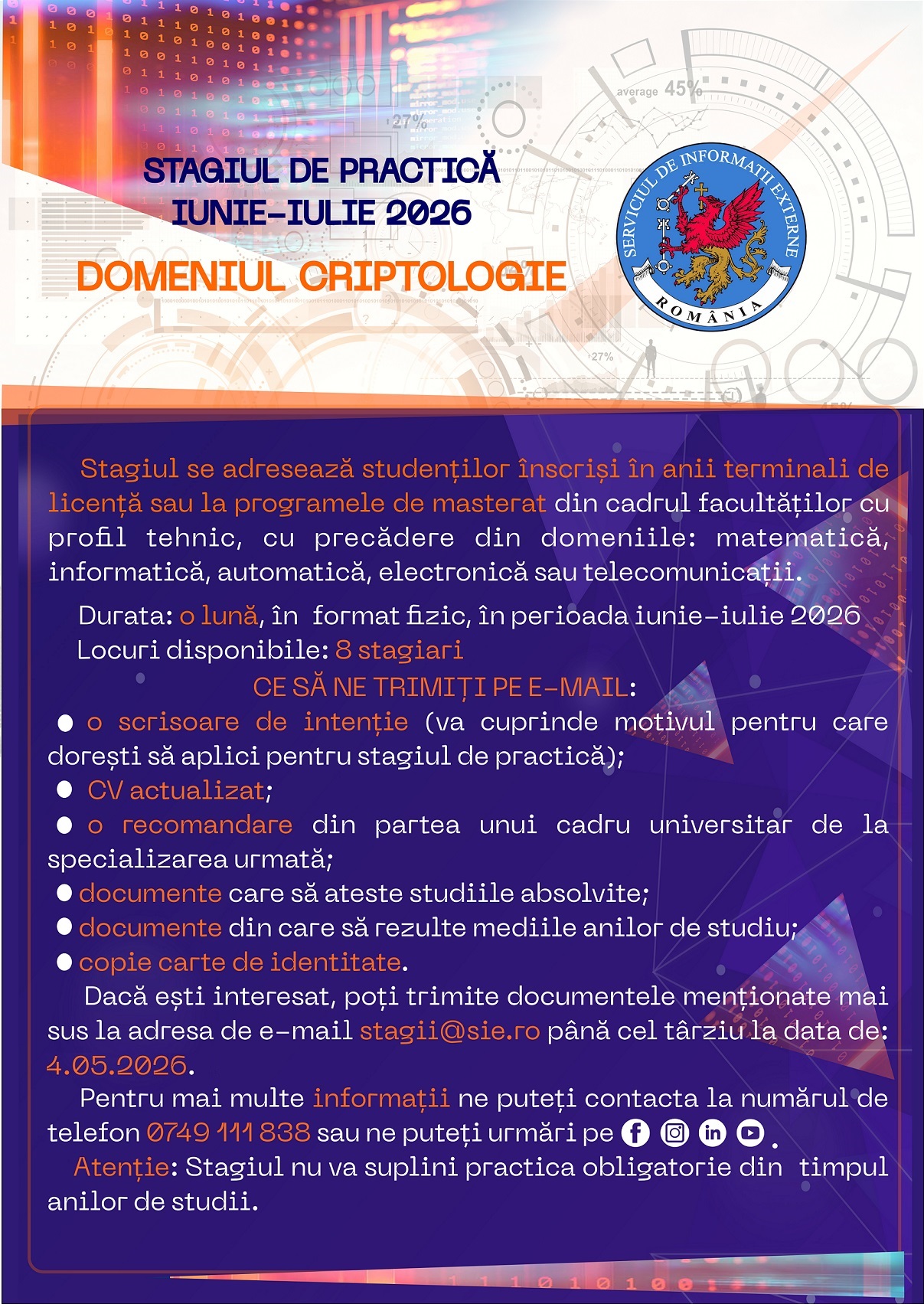 SIE stagiu CRIPTOLOGIE 29 iunie 24 iulie2026